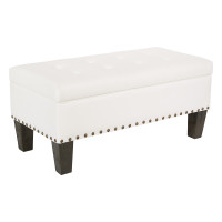 OSP Home Furnishings SB568-P48 Clement Storage Bench in White Faux Leather with Antique Bronze NH and Grey Washed Legs